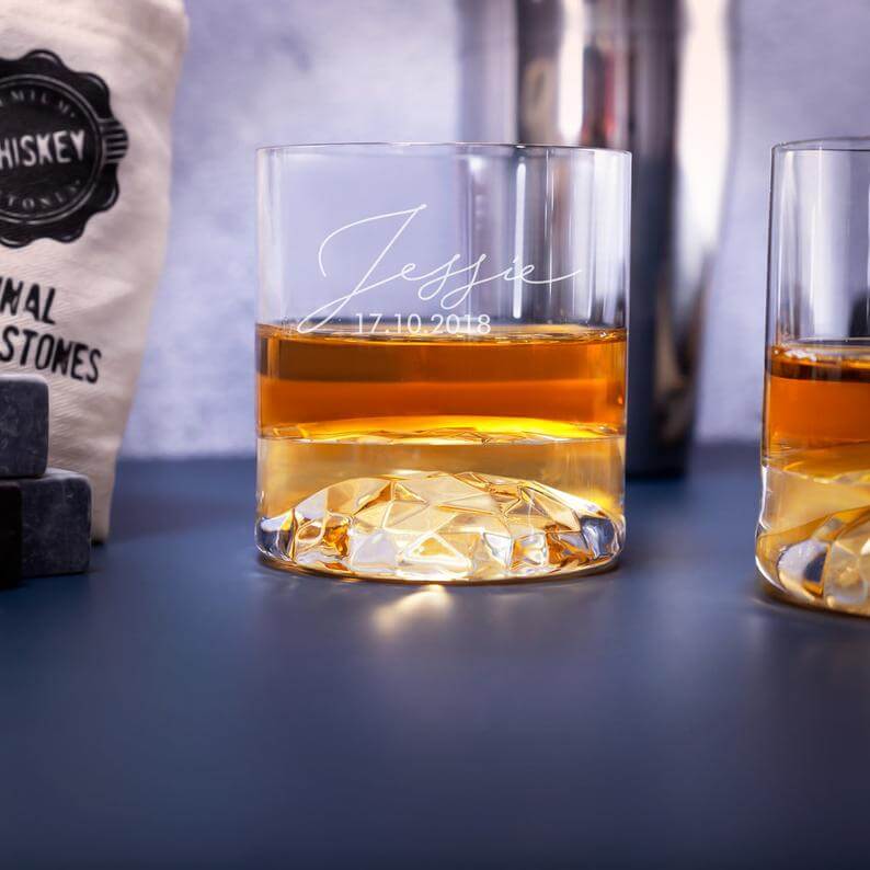 Personalized Whiskey Glass Set with Whiskey Stones and Custom Wood Box 1